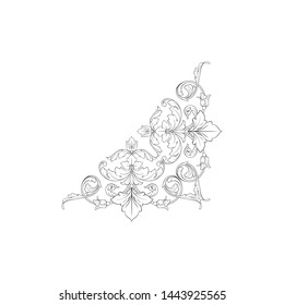 Baroque ornament with filigree in vector format for design frame, pattern. Vintage hand drawn victorian or damask floral element. Black and white engraved ink art. Template for foil quill.