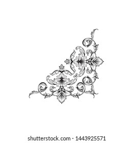 Baroque ornament with filigree in vector format for design frame, pattern. Vintage hand drawn victorian or damask floral element. Black and white engraved ink art. Template for foil quill.