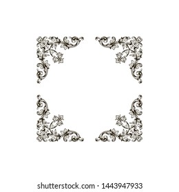Baroque ornament with filigree in vector format for design frame, pattern. Vintage hand drawn victorian or damask floral element. Black and white engraved ink art. 