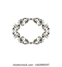 Baroque ornament with filigree in vector format for design frame, pattern. Vintage hand drawn victorian or damask floral element. Black and white engraved ink art.