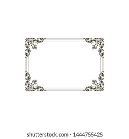 Baroque ornament with filigree in vector format for design frame, pattern. Vintage hand drawn victorian or damask floral element. Black and white engraved ink art. Template for wedding invitation.