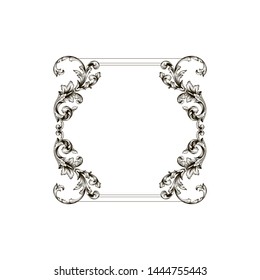 Baroque ornament with filigree in vector format for design frame, pattern. Vintage hand drawn victorian or damask floral element. Black and white engraved ink art. Template for wedding invitation.