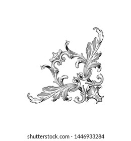 Baroque ornament with filigree in vector format for design frame, pattern. Vintage hand drawn victorian or damask floral element. Black and white engraved ink art.