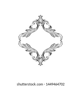 Baroque ornament with filigree in vector format for design frame, pattern. Vintage hand drawn victorian or damask floral element. Black and white engraved ink art.