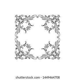 Baroque ornament with filigree in vector format for design frame, pattern. Vintage hand drawn victorian or damask floral element. Black and white engraved ink art.