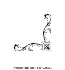 Baroque ornament with filigree in vector format for design frame, pattern. Vintage hand drawn victorian or damask floral element. Black and white engraved ink art.