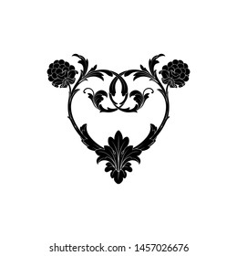 Baroque ornament with filigree in vector format for design frame, pattern. Vintage hand drawn victorian or damask floral element. Black and white engraved ink art.
