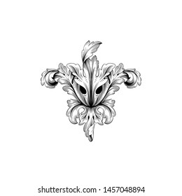 Baroque ornament with filigree in vector format for design frame, pattern. Vintage hand drawn victorian or damask floral element. Black and white engraved ink art. 