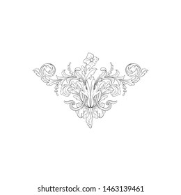 Baroque ornament with filigree in vector format for design frame, pattern. Vintage hand drawn victorian or damask floral element. Black and white engraved ink art. 