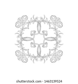 Baroque ornament with filigree in vector format for design frame, pattern. Vintage hand drawn victorian or damask floral element. Black and white engraved ink art. 
