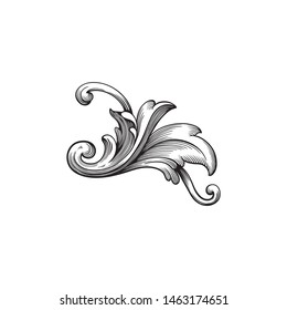 Baroque ornament with filigree in vector format for design frame, pattern. Vintage hand drawn victorian or damask floral element. Black and white engraved ink art. Template for foil quill.