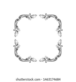 Baroque ornament with filigree in vector format for design frame, pattern. Vintage hand drawn victorian or damask floral element. Black and white engraved ink art. Template for foil quill.
