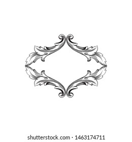 Baroque ornament with filigree in vector format for design frame, pattern. Vintage hand drawn victorian or damask floral element. Black and white engraved ink art. Template for foil quill.