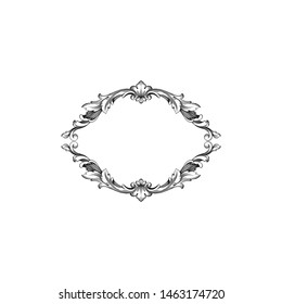 Baroque ornament with filigree in vector format for design frame, pattern. Vintage hand drawn victorian or damask floral element. Black and white engraved ink art. Template for foil quill.