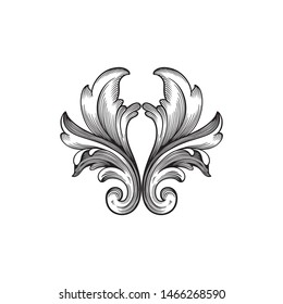 Baroque ornament with filigree in vector format for design frame, pattern. Vintage hand drawn victorian or damask floral element. Black and white engraved ink art.