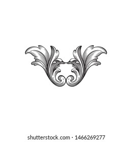 Baroque ornament with filigree in vector format for design frame, pattern. Vintage hand drawn victorian or damask floral element. Black and white engraved ink art.