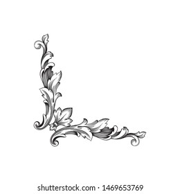 Baroque ornament with filigree in vector format for design frame, pattern. Vintage hand drawn victorian or damask floral element. Black and white engraved ink art. 