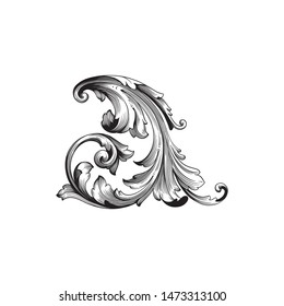 Baroque ornament with filigree in vector format for design frame, pattern. Vintage hand drawn victorian or damask floral element. Black and white engraved ink art.