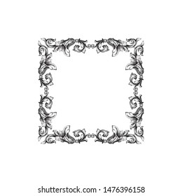Baroque ornament with filigree in vector format for design frame, pattern. Vintage hand drawn victorian or damask floral element. Black and white engraved ink art. 