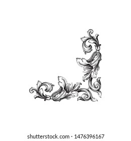 Baroque ornament with filigree in vector format for design frame, pattern. Vintage hand drawn victorian or damask floral element. Black and white engraved ink art. 