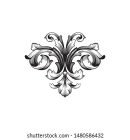 Baroque ornament with filigree in vector format for design frame, pattern. Vintage hand drawn victorian or damask floral element. Black and white engraved ink art.