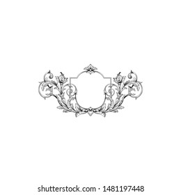 Baroque ornament with filigree in vector format for design frame, pattern. Vintage hand drawn victorian or damask floral element. Black and white engraved ink art. 