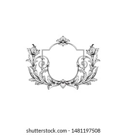 Baroque ornament with filigree in vector format for design frame, pattern. Vintage hand drawn victorian or damask floral element. Black and white engraved ink art. 