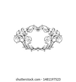 Baroque ornament with filigree in vector format for design frame, pattern. Vintage hand drawn victorian or damask floral element. Black and white engraved ink art. 