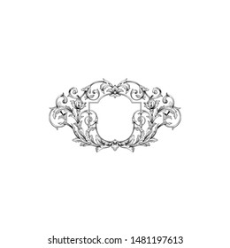 Baroque ornament with filigree in vector format for design frame, pattern. Vintage hand drawn victorian or damask floral element. Black and white engraved ink art. 