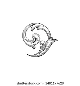 Baroque ornament with filigree in vector format for design frame, pattern. Vintage hand drawn victorian or damask floral element. Black and white engraved ink art. 