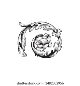 Baroque ornament with filigree in vector format for design frame, pattern. Vintage hand drawn victorian or damask floral element. Black and white engraved ink art.