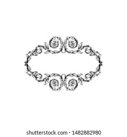 Baroque ornament with filigree in vector format for design frame, pattern. Vintage hand drawn victorian or damask floral element. Black and white engraved ink art.
