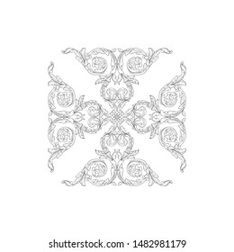 Baroque ornament with filigree in vector format for design frame, pattern. Vintage hand drawn victorian or damask floral element. Black and white engraved ink art.