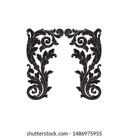Baroque ornament with filigree in vector format for design frame, pattern. Vintage hand drawn victorian or damask floral element. Black and white engraved ink art. 