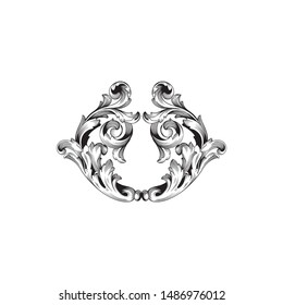 Baroque ornament with filigree in vector format for design frame, pattern. Vintage hand drawn victorian or damask floral element. Black and white engraved ink art. 
