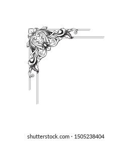 Baroque ornament with filigree in vector format for design frame, pattern. Vintage hand drawn victorian or damask floral element. Black and white engraved ink art.