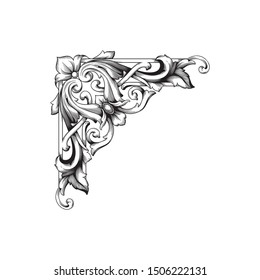 Baroque ornament with filigree in vector format for design frame, pattern. Vintage hand drawn victorian or damask floral element. Black and white engraved ink art.