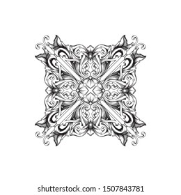 Baroque ornament with filigree in vector format for design frame, pattern. Vintage hand drawn victorian or damask floral element. Black and white engraved ink art.