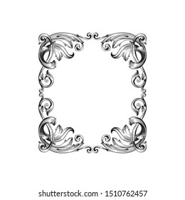 Baroque ornament with filigree in vector format for design frame, pattern. Vintage hand drawn victorian or damask floral element. Black and white engraved ink art.
