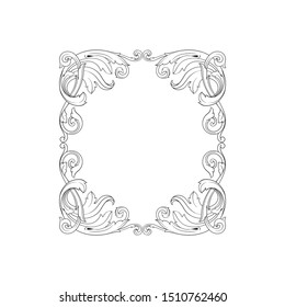 Baroque ornament with filigree in vector format for design frame, pattern. Vintage hand drawn victorian or damask floral element. Black and white engraved ink art.