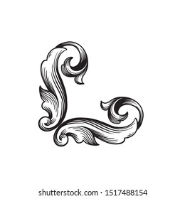 Baroque ornament with filigree in vector format for design frame, pattern. Vintage hand drawn victorian or damask floral element. Black and white engraved ink art. 