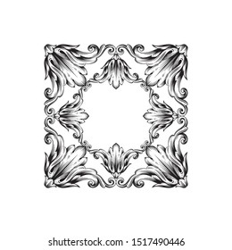 Baroque ornament with filigree in vector format for design frame, pattern. Vintage hand drawn victorian or damask floral element. Black and white engraved ink art. 