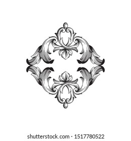 Baroque ornament with filigree in vector format for design frame, pattern. Vintage hand drawn victorian or damask floral element. Black and white engraved ink art. 