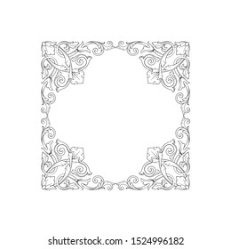 Baroque ornament with filigree in vector format for design frame, pattern. Vintage hand drawn victorian or damask floral element. Black and white engraved ink art. Template for foil quill.