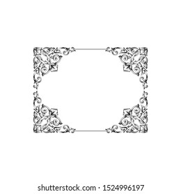 Baroque ornament with filigree in vector format for design frame, pattern. Vintage hand drawn victorian or damask floral element. Black and white engraved ink art. Template for foil quill.