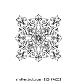 Baroque ornament with filigree in vector format for design frame, pattern. Vintage hand drawn victorian or damask floral element. Black and white engraved ink art. Template for foil quill.