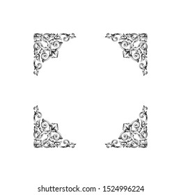 Baroque ornament with filigree in vector format for design frame, pattern. Vintage hand drawn victorian or damask floral element. Black and white engraved ink art. Template for foil quill.