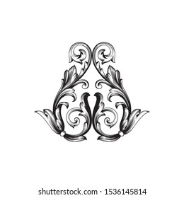 Baroque ornament with filigree in vector format for design frame, pattern. Vintage hand drawn victorian or damask floral element. Black and white engraved ink art.
