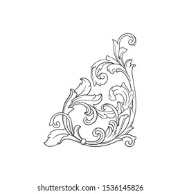 Baroque ornament with filigree in vector format for design frame, pattern. Vintage hand drawn victorian or damask floral element. Black and white engraved ink art.