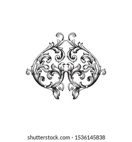 Baroque ornament with filigree in vector format for design frame, pattern. Vintage hand drawn victorian or damask floral element. Black and white engraved ink art.